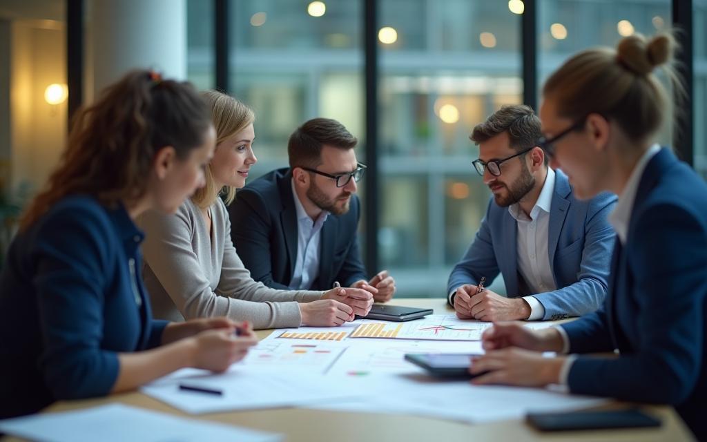 Équipe de Livraison Express France en pleine discussion stratégique autour d'un plan logistique détaillé.