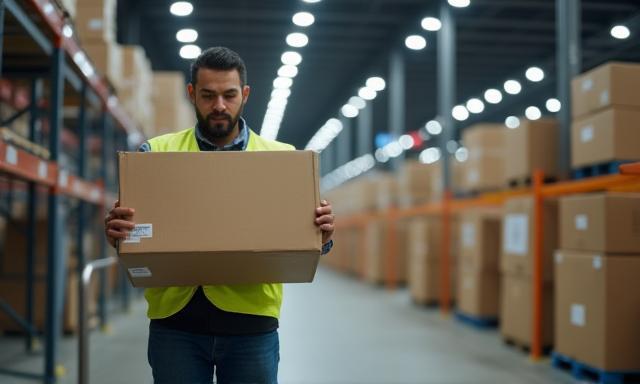 Opérateur préparant un colis pour l'expédition e-commerce dans un entrepôt moderne.