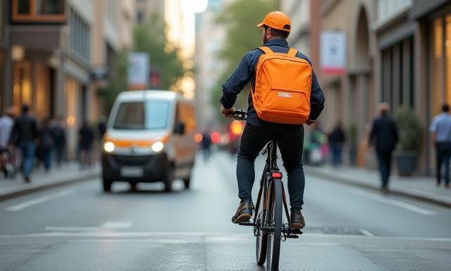 Livreur avec un colis à vélo ou en véhicule électrique, assurant une livraison rapide en ville.